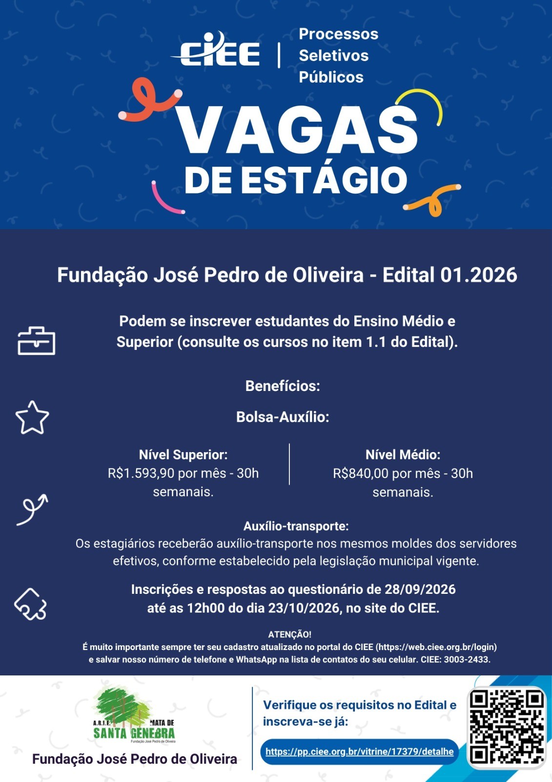 FUNDAÇÃO JOSÉ PEDRO DE OLIVEIRA ABRE INSCRIÇÕES - VAGAS DE ESTÁGIO -EDITAL 01.2026